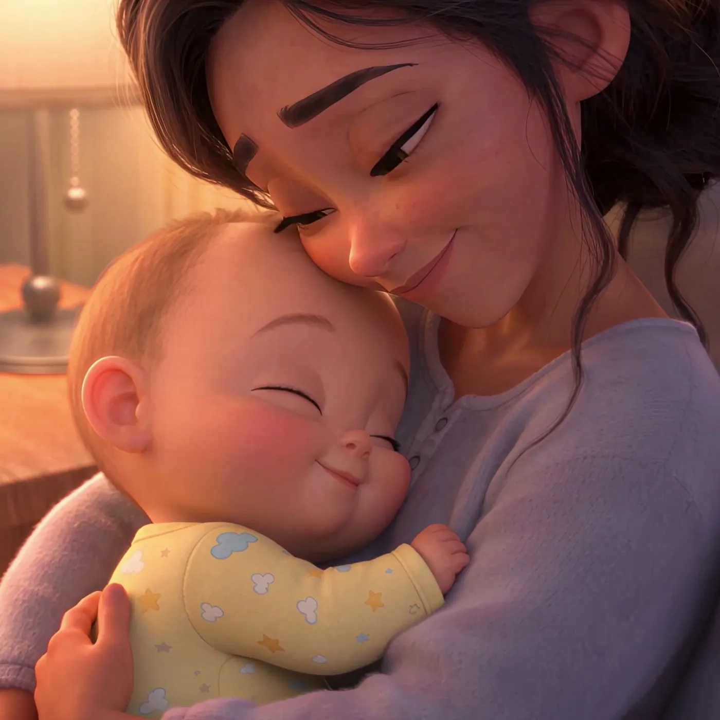 Mamá abrazando a su bebé en casa